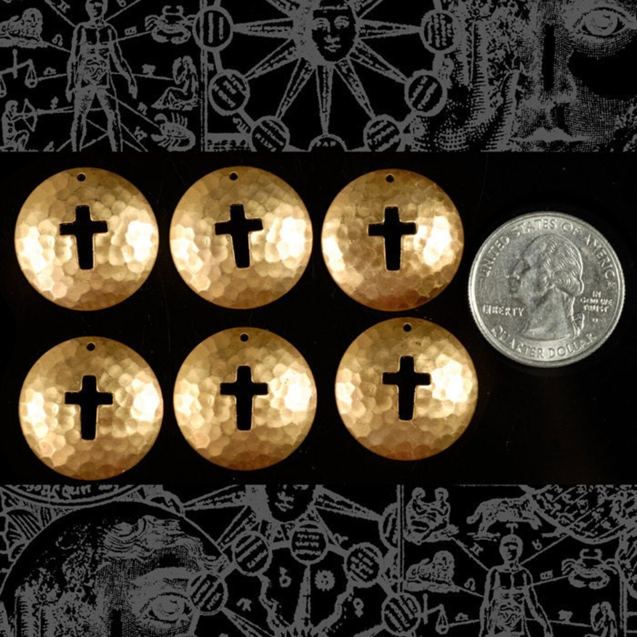 Hammered Disc with Cross Cut-Out Charms - Raw Brass - Set of Six - B-C82